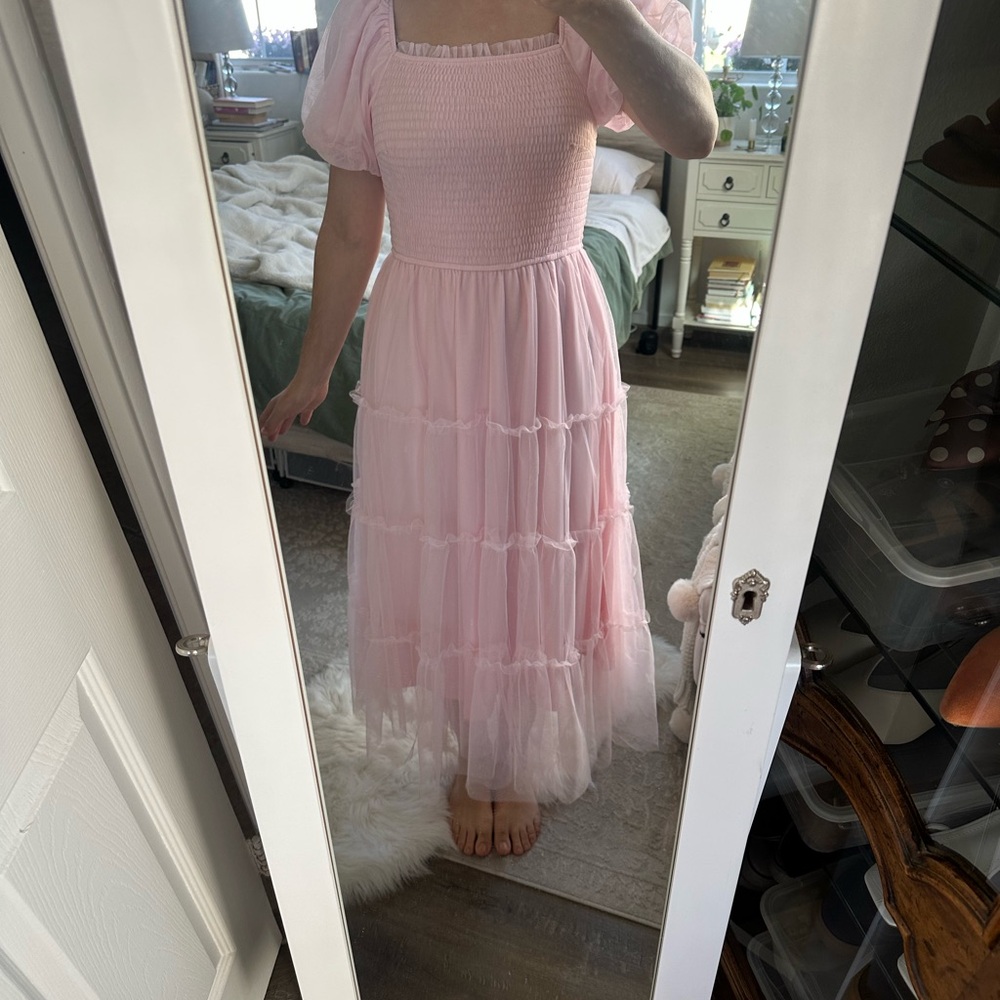 Pink Smocked Puff Sleeve Dress